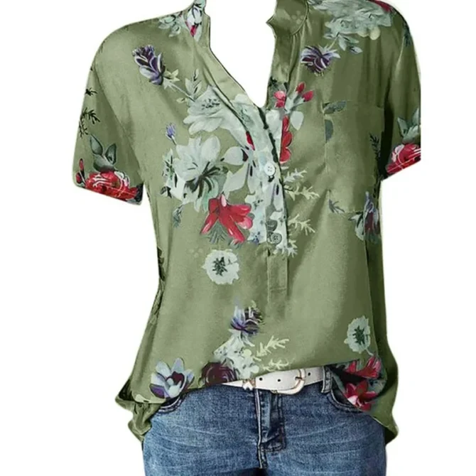 Elegant women's shirt printing large size casual shirt fashion V-neck short-sleeved shirt blouse 4