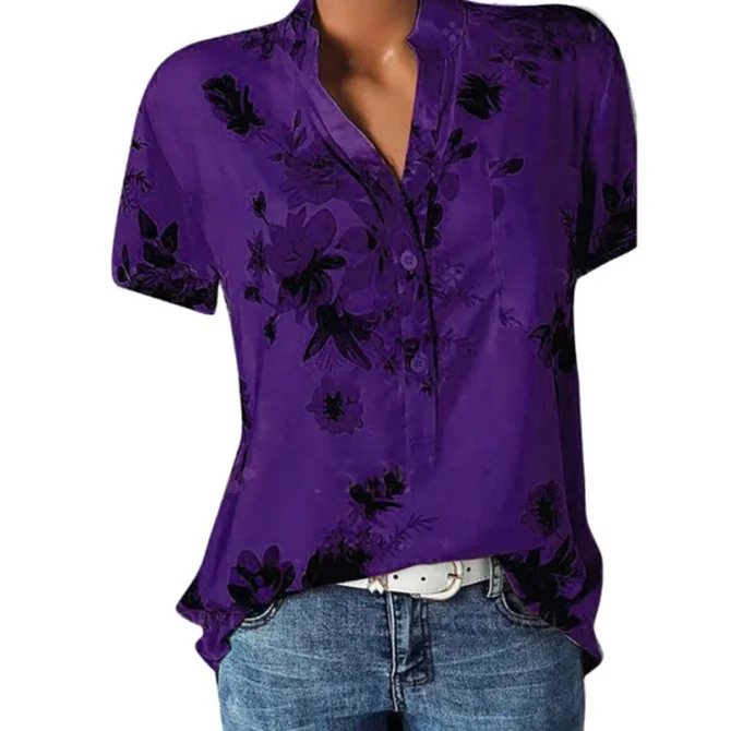 Elegant women's shirt printing large size casual shirt fashion V-neck short-sleeved shirt blouse 6