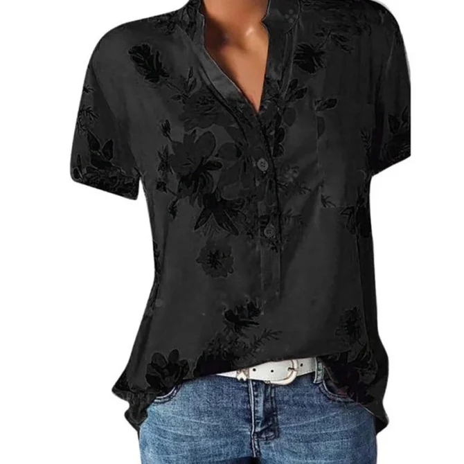 Elegant women's shirt printing large size casual shirt fashion V-neck short-sleeved shirt blouse 5