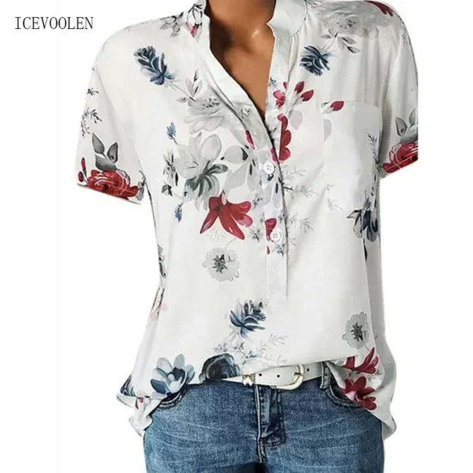 Elegant women's shirt printing large size casual shirt fashion V-neck short-sleeved shirt blouse 1