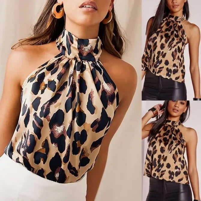 Women Blouses Sexy Leopard Print Ladies Shirts And Tops Halter Blouse Sexy Sleeveless Tops Womens Clothing Summer Female Blouses 2