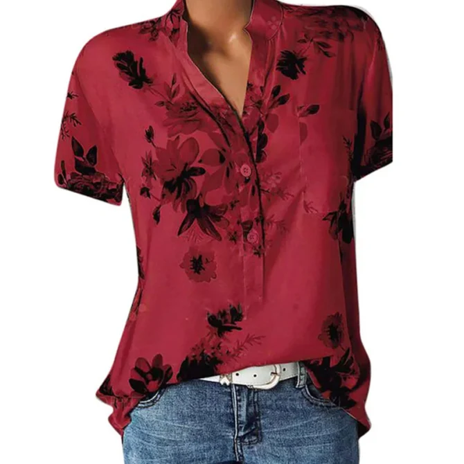 Elegant women's shirt printing large size casual shirt fashion V-neck short-sleeved shirt blouse 2