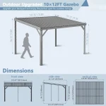 10’x12’ Wall-Mounted Hardtop Gazebo Pergola – Permanent Lean-to Outdoor Shelter – Grey Metal Patio Cover for Backyard, Garden 3