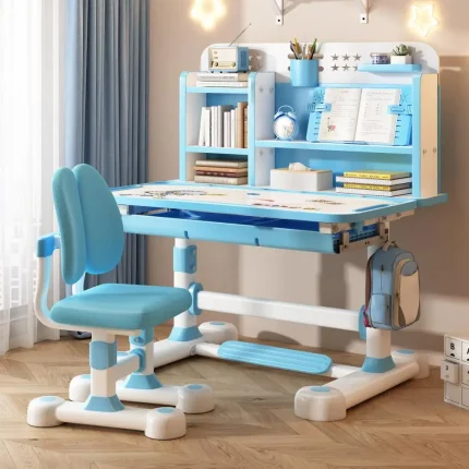 2Pcs/Set Kids Study Desk Chair Set Height Adjustable Children School Study Table Chair Set with Sitting Corrector, Book Stand
