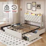 Queen Size Bed Frame with 4 Drawers & Storage Headboard, Upholstered Platform Bed with LED Lights & Charging Station, Beige 5