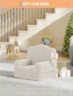 Kids Reading Chair, Sherpa Convertible Toddler Couch Fold Out Sofa Bed with Washable Cover, Crown Design for Playroom Nursery 5