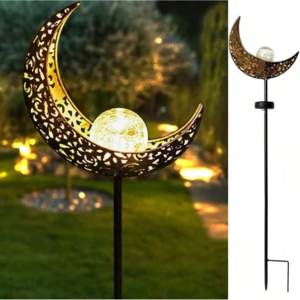 Solar Garden Lights Outdoor Decor,Moon Fairy Crackle Glass Lights,Warm White LED Metal Stake Ornament,Unique Gift for Gardening