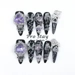 10pcs Dark black Y2k Hot Girl Handmade Press On Nails Sweet Cool  With Diamond Metal Decoration Wearable Artificial False Nail 4