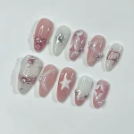 24pcs Short Almond False Nail Art Starlight Rhinestone Design Nails Tip Green Full Cover Nail Set Datachable Press on Fake Nails 2