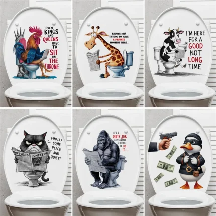 Funny Animals Reading Newspapers Toilet Stickers Giraffe Cow Cat Duck Pattern Waterproof Bathroom Decal Creative Home Decoration