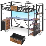Twin Size Metal Loft Bed with L-Shape Desk, Wardrobe, Storage Stairs, 3 Drawers, LED Lights, Charging Station, Rustic Brown 2