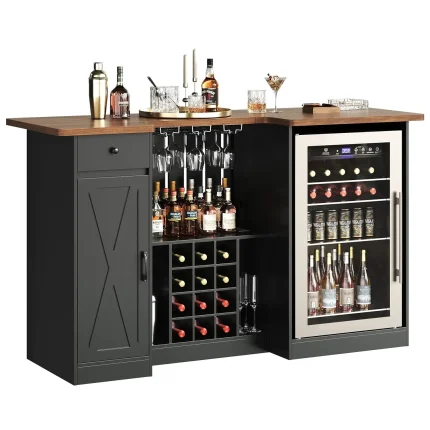 U-Shape Liquor Cabinet with Fridge Space, Bar Table with Wine Rack Glass Holder, Wine Bar Cabinet with Storage,, Customized