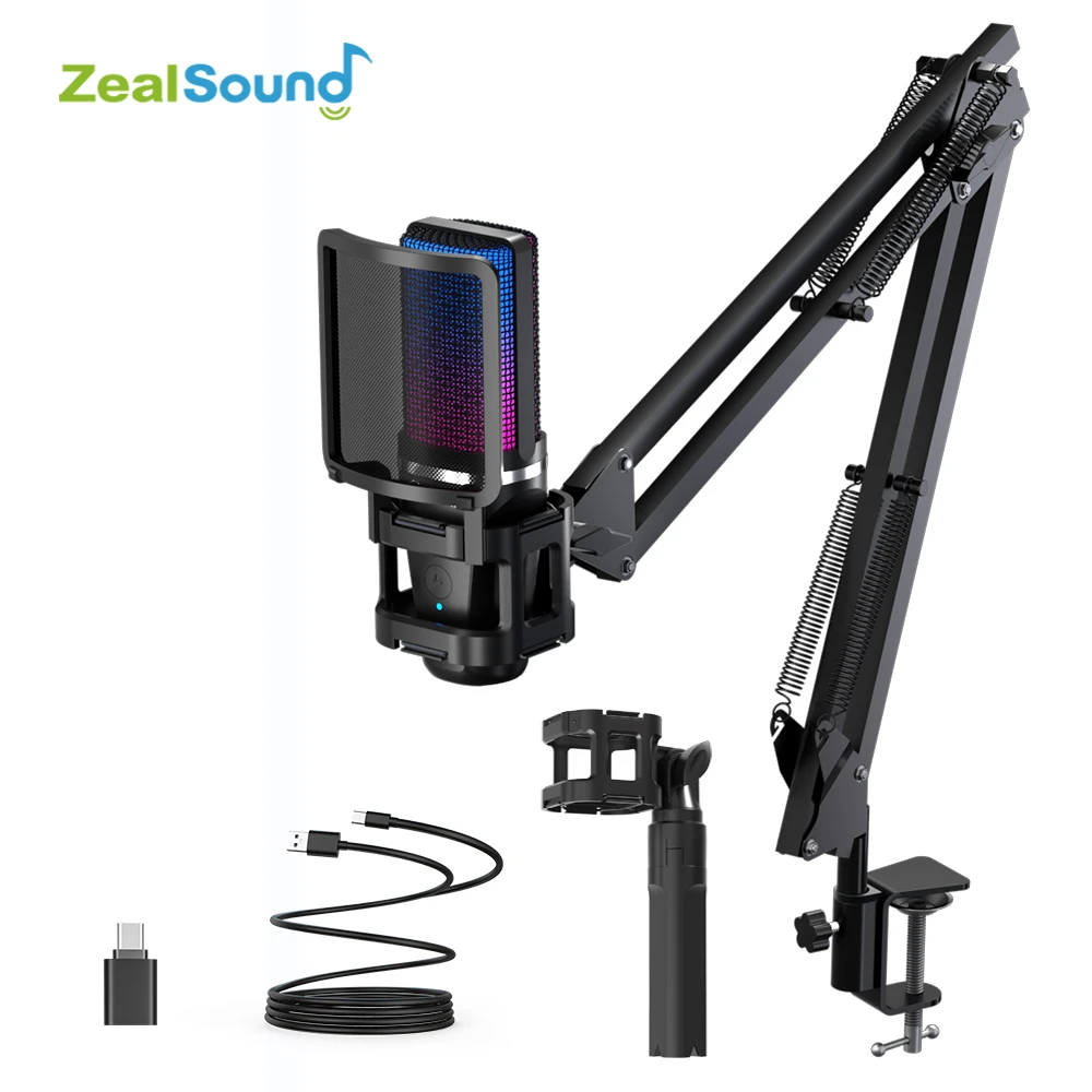 Zealsound RGB Recording Microphone With Articulated Arm/USB Condenser Mic with Tripod For Gaming Podcasting Streaming Youtube Zealsound RGB Recording Microphone With Articulated Arm/USB Condenser Mic with Tripod For Gaming Podcasting Streaming Youtube
