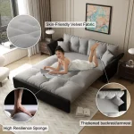 74.8' Queen Velvet Pull Out Sofa Bed, Luxury Futon Couch for Living Room, Office, RV (Grey) 5