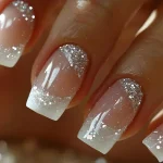 24Pcs Short Square Coffin False Nails Square Fake Nails with Glue French Glitter Wearable Acrylic Nails Set Press on Nail Tips