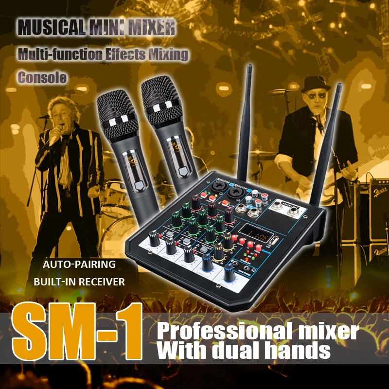 4 Channel Audio dj Mixer Console with Bluetooth Mixer UHF Wireless Microphone for Home Karaoke Stage Studio 4 Channel Audio dj Mixer Console with Bluetooth Mixer UHF Wireless Microphone for Home Karaoke Stage Studio