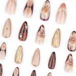 24Pcs Gold Ripple Brown Flowers False Nails with Rhinestones Pearl Design Wearable Almond False Nails Full Cover Press on Nails 2