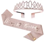 2pcs/set 13th 15th 18th Birthday Sash and Tiara for Girls Rose Gold Birthday Sash Crown for Happy Birthday Party Favor Supplies 2
