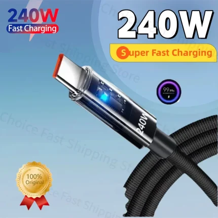 240W USB Type C Super Fast Charging Cable For iPhone Samsung Huawei Xiaomi LED Digital Display Nylon USB C Charger Data Cord