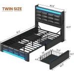 Twin Size Upholstered Bed Frame with Storage and LED Lighting, Featuring Headboard and 4 Drawers, Plus Charging Station 2