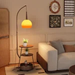 Modern Orange Floor Lamp for Living Room,Mid Century Tall Lamps with Tea Table & Storage Bucket,Fishing Standing Lamp 2