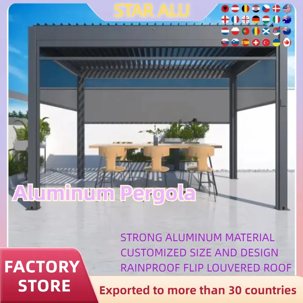 Bioclimatic Aluminum Pergola 3x3m/10x10ft Manual flip louvered roof with manual roller blinds garden gazebo canopy Bioclimatic Aluminum Pergola 3x3m/10x10ft Manual flip louvered roof with manual roller blinds garden gazebo canopy