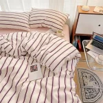 Pure Cotton Home Textile Blue Striped Bedding Set Simple Soft Duvet Cover Sheet Pillowcase Ins Style Bed Linens Queen King Size 3