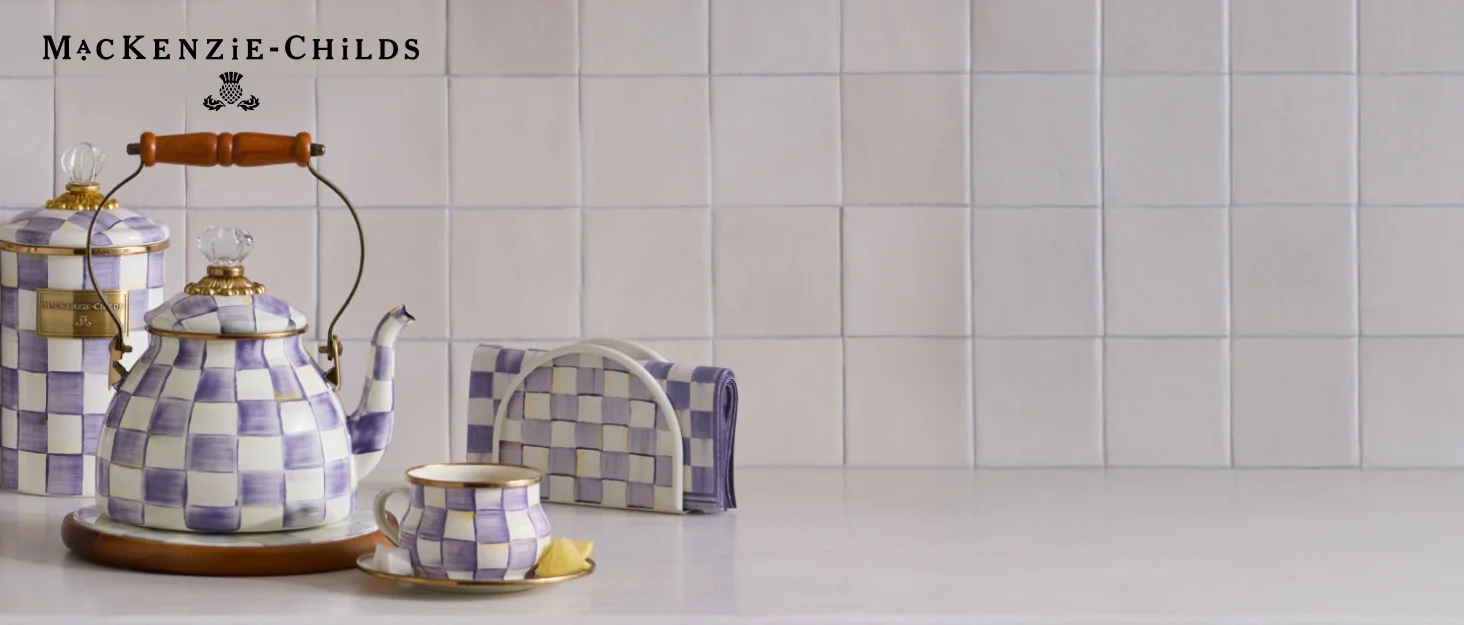 Mackenzie-Childs is showcasing the new Violet Check pattern for Kitchen, Dining, Decor.