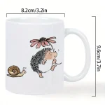 Ceramic Mug with Hedgehog Sniffing Flower & Snail Accent - Cute Garden Animals Coffee Cup, Brown Hedgehog & Pink Floral Design - 2