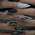 24Pcs False Nails Spicy Girl Silver Bow with Diamond Fake Nails with Glue Almond Press on Nails Black Cool Y2k Almond Nail Set 5