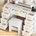 illuminated makeup vanity desk with glass top, 9 drawers, and power outlet for styling 3