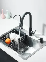 55x45cm Multi-functional Kitchen Sink With Retractable Faucet, Soap Dispenser,Drinking Water Tap Black Stainless Steel Sink 5