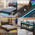 Twin Size Upholstered Bed Frame with Storage and LED Lighting, Featuring Headboard and 4 Drawers, Plus Charging Station