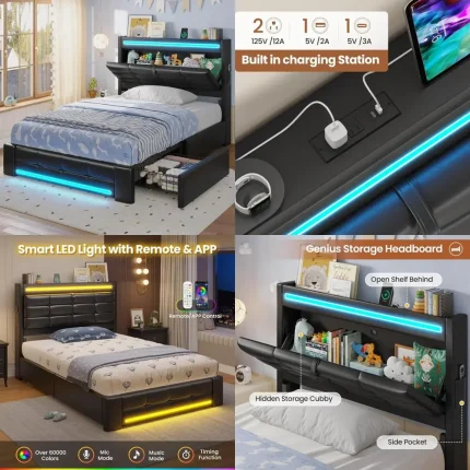 Twin Size Upholstered Bed Frame with Storage and LED Lighting, Featuring Headboard and 4 Drawers, Plus Charging Station