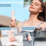 Portable Fan 2000mAh USB Rechargeable 3 Speed Mini Handheld Foldable Fan Hand Held Small Pocket Travel Fan with Handy Power Bank 2
