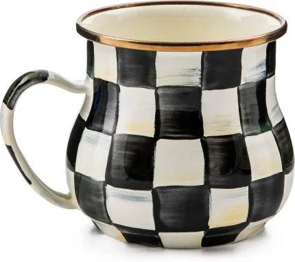 Enamel Mug, Cute Enamelware Coffee and Tea Mug, Unique Drinkware, 16 Ounces, Black-and-White Courtly Check, Set of 1