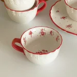 Vintage red floral underglaze relief lace ceramic coffee cup 4