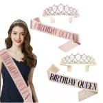 Bling Rhinestone Crystal Crown Birthday Anniversary Decoration Happy Birthday Queen Satin Sash Party Supplies