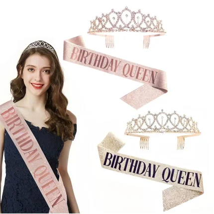 Bling Rhinestone Crystal Crown Birthday Anniversary Decoration Happy Birthday Queen Satin Sash Party Supplies
