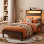 Twin Bed Frame with Storage Headboard and Charging Station, Walnut Platform Bed Frame with LED Light, Non-Slip Metal,Brown 3