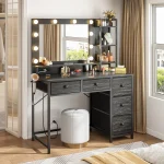 Vanity Desk with LED Lighted Mirror & Charging Staion 5 Fabric Drawers Makeup Vanity Table for Bedroom Dorm 3
