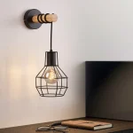 China Wall Sconce Modern Retro Bedside Wall Lamp Cage Light Black Color with Wooden Base Bracket Light for Aisle Indoor WL0334 4