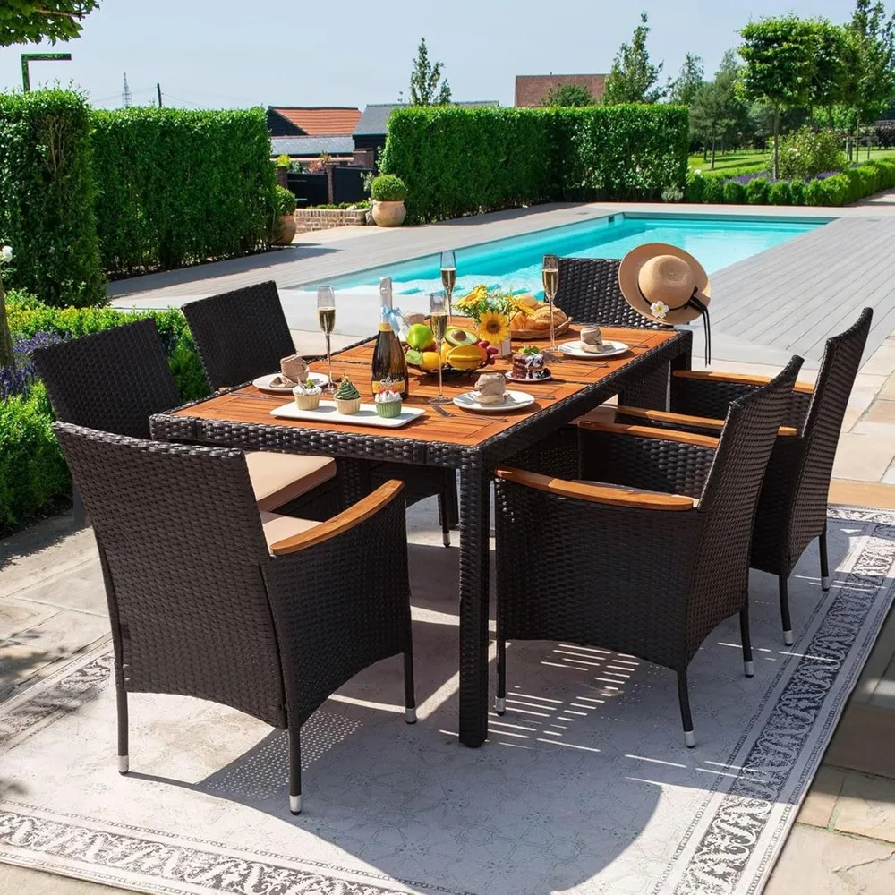 7-piece Furniture Set, Terrace Reception Set, with Lovewood Tabletop, Rattan Outdoor, Black 7-piece Furniture Set, Terrace Reception Set, with Lovewood Tabletop, Rattan Outdoor, Black