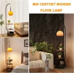 Modern Orange Floor Lamp for Living Room,Mid Century Tall Lamps with Tea Table & Storage Bucket,Fishing Standing Lamp 4