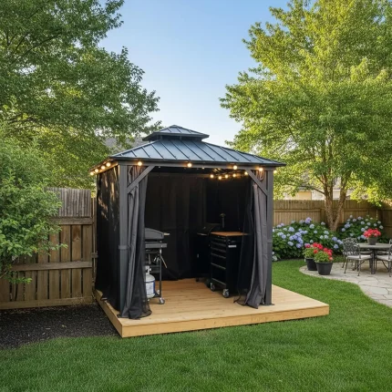 8'x8' Hardtop Gazebo  All-Weather Galvanized Steel Double Roof Outdoor Patio Garden Gazebo Including Netting and Curtains Grey
