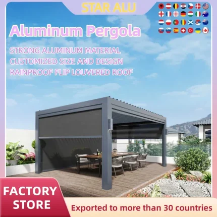 Bioclimatic Aluminum  Pergola 3x4m/10x12ft Manual flip louvered roof with manual roller blinds garden gazebo canopy