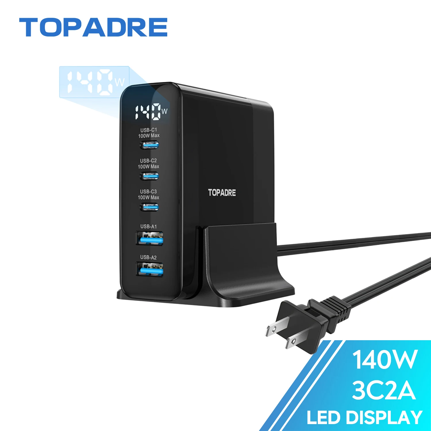 TOPADRE 140W USB C 5-Ports Charging Station with Display, Max 100W USB Laptop Charger Compatible with MacBook ,iPhone ,Samsung TOPADRE 140W USB C 5-Ports Charging Station with Display, Max 100W USB Laptop Charger Compatible with MacBook ,iPhone ,Samsung