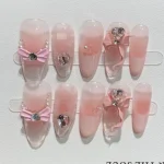 10pcs Purple Cat's Eye Handmade Fake Nails Tips Glitter Mid-length Oval Press on Nails Art Bow Rhinestone Design False Nail Sets 2