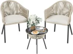 Patio Furniture Set 3 Pcs Rope Woven Bistro Set Outdoor Conversation Set with 2 Wide Chairs,Cushions and Tempered Glass Table