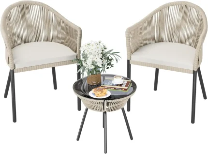 Patio Furniture Set 3 Pcs Rope Woven Bistro Set Outdoor Conversation Set with 2 Wide Chairs,Cushions and Tempered Glass Table